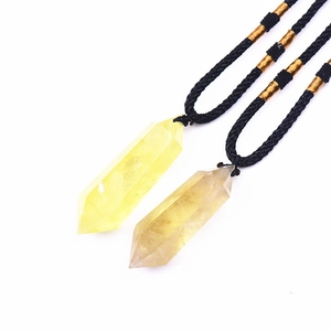 Double-pointed yellow citrine hexagonal crystal prism pendants on black cord necklaces