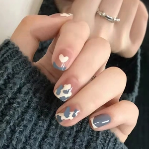 Unghie Finte a Pressione Corte Quadrate Tonde Motivo Mucca Cuore Rosa Nudo Blu Bianco Con Colla per Donna Manicure Quotidiana