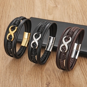 Three multi-layer braided leather bracelets with infinity charms and magnetic clasps