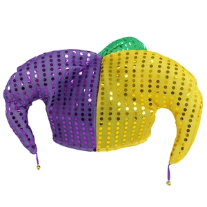 Sparkly sequin clown hat in purple gold and green with bells for Halloween cosplay