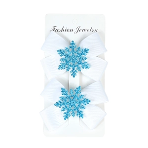 Set of 2 Christmas hair clips with white grosgrain bows and blue glitter snowflakes