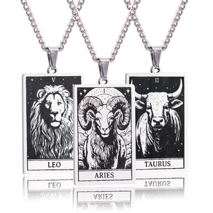304 Stainless Steel Zodiac Tarot Card Pendant Necklace Vintage Retro Rectangular Constellation Tag Curb Chain Jewelry Men Women
