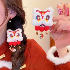 Chinese New Year Lion Dance Hair Clip Faux Fur Plush Embroidery Tassel Bell Hair Accessories Festive Red White Hairpin For Women