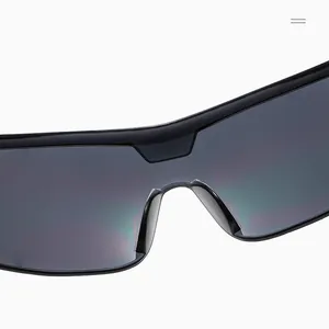 Detail of integrated nose pads and iridescent grey lenses on sports sunglasses