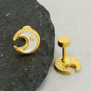Minimalist moon and star stainless steel stud earrings with white enamel and gold finish