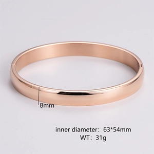 Detail view of 8mm rose gold oval bangle with precise size and weight measurements