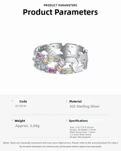 Detailed specs of S925 silver ring featuring colorful baguette zircons and chain link design