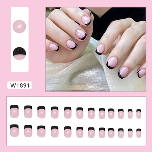 French style black and pink press-on nails set with elegant short square shape