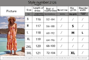 Detailed size chart for floral print strap dress with measurements in S to 3XL sizes