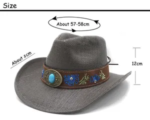 Size chart showing 57-58cm circumference and 8cm brim of the gray woven cowboy hat