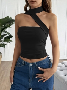 Chic black Y2K halter neck cropped top with asymmetric straps and slim fit pleats