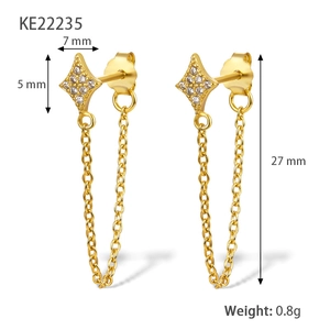 Elegant gold star stud earrings with dangling chain design and clear zircon inlays