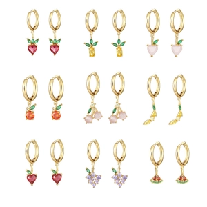 Fruit Hoop Earrings Copper Gold Plated Zircon Strawberry Cherry With 925 Sterling Silver Earring Post For Women