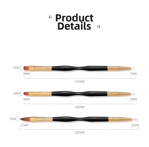 Macro detail of three professional nail art brushes showing specific tip sizes and lengths