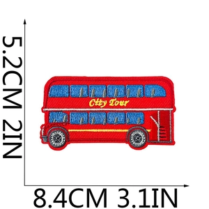 Red double-decker bus embroidery patch with City Tour text, 5.2x8.4cm iron-on applique