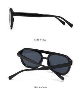 Detailed side and back view of retro square aviator sunglasses with a black double bridge frame