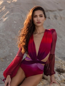 Women Monokini Swimsuit Ombre Gradient Long Mesh Sleeves Deep V Neck Cut Out Sexy Bathing Suit Beachwear