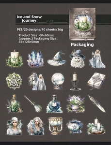 Close-up of 20 magical PET sticker designs featuring crystals, owls, and unicorns