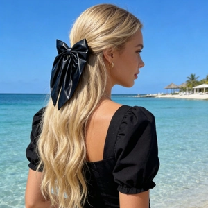 Detail of elegant black oversized bow hair clip worn by blonde model by the sea