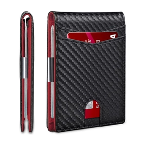 Detail view of carbon fiber card wallet with red lining and silver metal money clip
