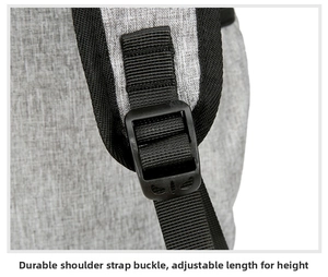 Detail of adjustable strap buckle on grey water-resistant travel backpack