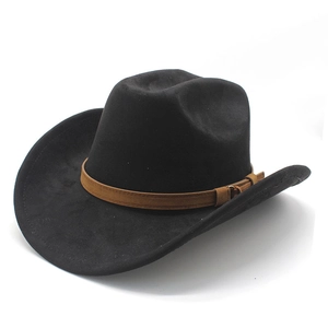 Chapeau de cowboy noir en daim avec ruban en cuir marron et large bord incurvé