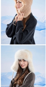 Detail of warm winter knit hat with fluffy faux fox fur ear flaps and drawstring in beige