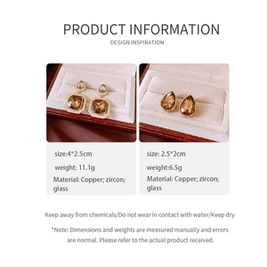 Detail view of teardrop zircon earrings with brass and glass in French vintage style
