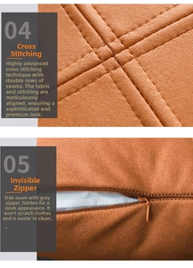 Detail of cross-stitched double seams and invisible zipper on caramel faux leather pillowcase
