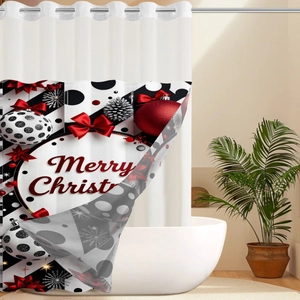 Detail of Christmas shower curtain with Merry Christmas print and red bow holiday design