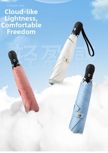 Three-color automatic folding umbrellas in pink, white, and blue with gold snap buttons
