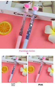 Macro shot of liquid quicksand pens featuring pink flamingo topper and sparkling glitters