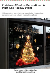 Detail of golden Christmas tree and balloon window decals on a store glass storefront