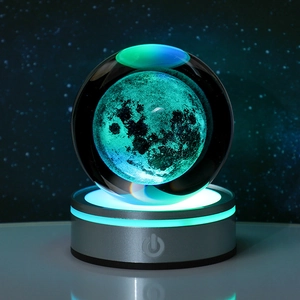 3D laser engraved galaxy crystal ball night light with glowing silver base and moon interior