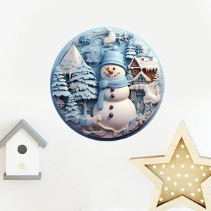 Detailed 3D relief wall sticker with blue snowman and snow house for Christmas decor