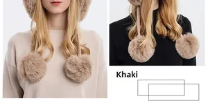 Detail of khaki knitted hat with three plush fur pom-poms shown on different outfits
