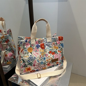 Floral canvas tote bag for women with large capacity and adjustable shoulder strap
