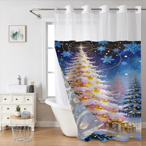 Christmas shower curtain with white trees and gold balls on blue starry night background
