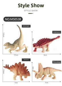 Vistas detalladas de cuatro mini modelos de dinosaurios con texturas de piel y medidas