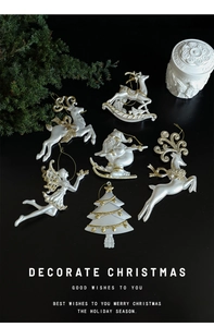 Détails de 6 suspensions de Noël blanc perle et doré scintillant avec motifs renne