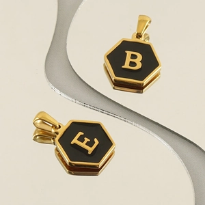 Chic hexagonal stainless steel alphabet pendants with gold plating and black enamel inlay