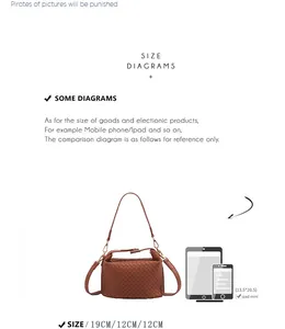 Size chart showing 19x12x12cm brown woven bag dimensions compared to an iPad mini
