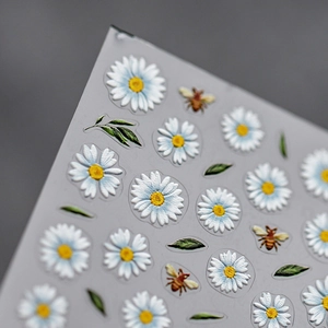 White Little Daisy And Bee 3D Embossed Nail Art Stickers Self Adhesive Floral DIY Manicure Decals For Women