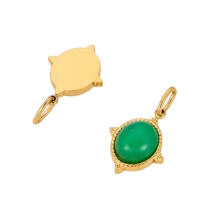 Detail of green oval stone pendant with gold stainless steel base and back view