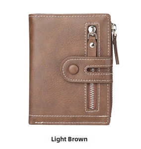 Detail view of light brown leather wallet featuring contrast stitching and metal zipper