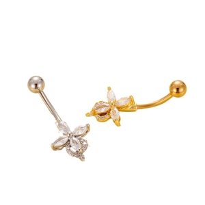 Floral cubic zirconia belly button rings set in gold and silver stainless steel