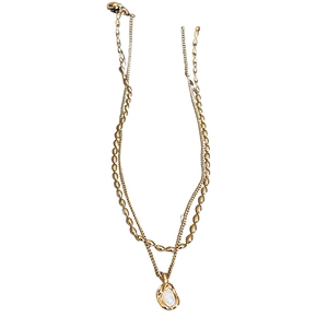 French style double-layer gold necklace featuring irregular white pearl pendant on white background