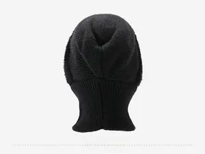 Detail view of the black knitted winter hat with integrated neck warmer and ribbed texture