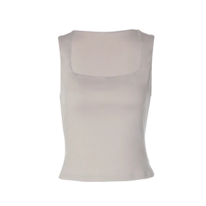 Close-up of square neck sleeveless vest with double-needle stitching in light grey