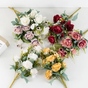 Realistic Multi-Head Rose Bouquet Satin Cloth Plastic Artificial Flowers Wedding Home Decoration Photography Props Elegant